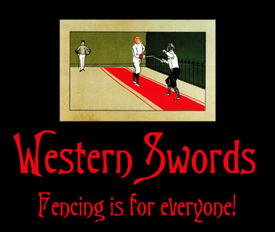 Western Swords logo: old-fashioned drawing of two fencers and a referee from about the 1920s